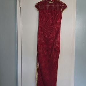 Red Silk-Style Cheongsam with Gold Trim